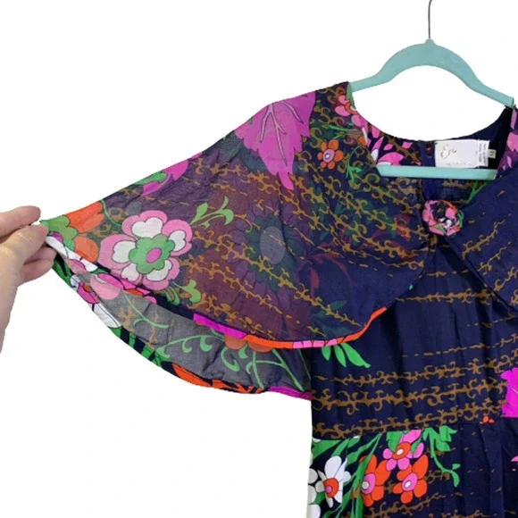 ERO Vintage Navy Blue Multi-Color Floral‎ Print Cotton Maxi Dress - Picture 3 of 13